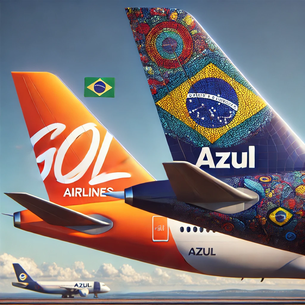 dall·e 2025 01 29 16.42.05 a realistic digital rendering of the airplane tails of both gol airlines and azul airlines. the gol airlines tail is orange with the airline's logo, w